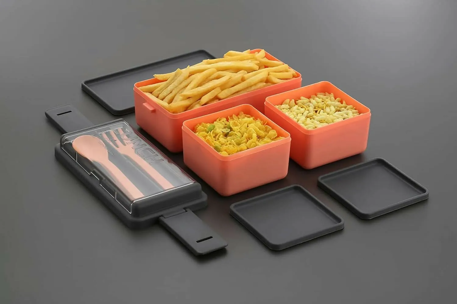 3-Compartment Microwave Safe Lunch Box for office (Orange & Grey Design, 1400ml)